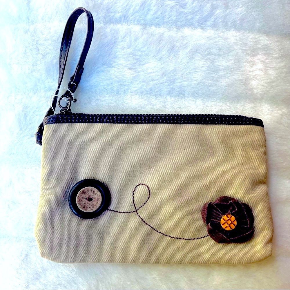 Chala Embroidered Bag with Button Flower Decor Tan Wristlet Purse